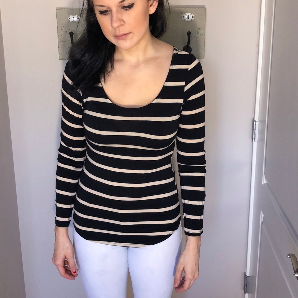 Bow back, cross back, nude, black striped shirt